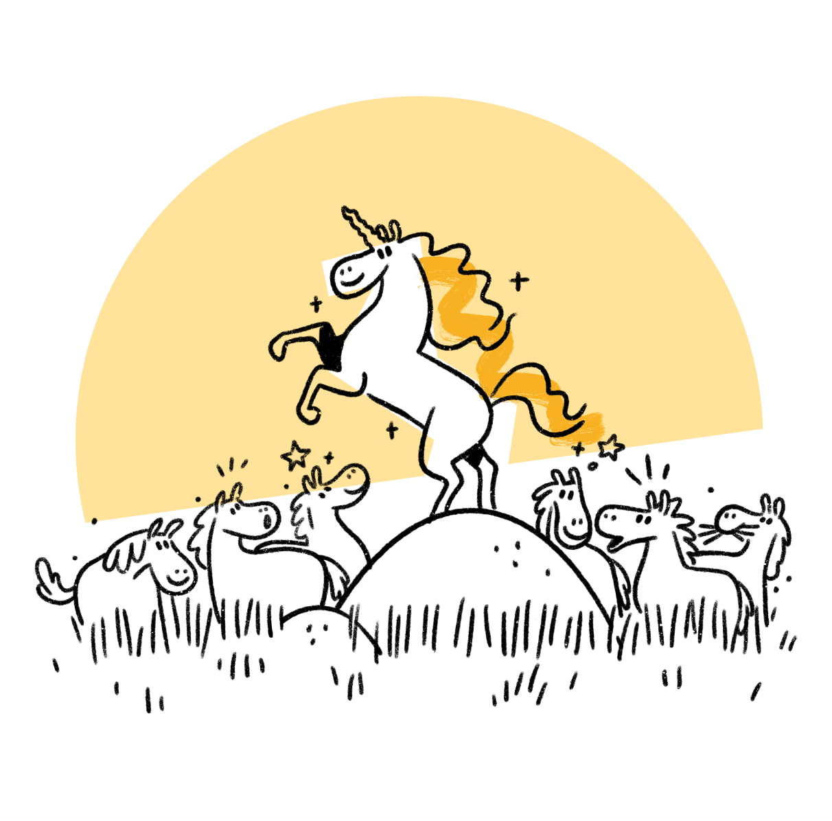 Humorous illustration of a sparkly unicorn, looking fabulous, standing on a rock above a field of amazed horses.