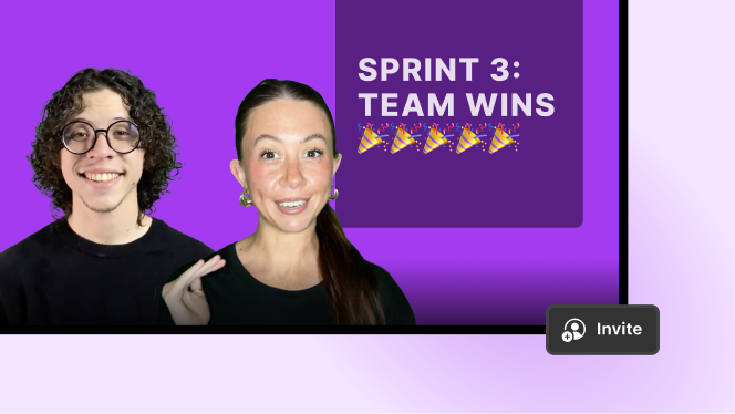 Two people against purple background with "Sprint 3: Team Wins" on a slide