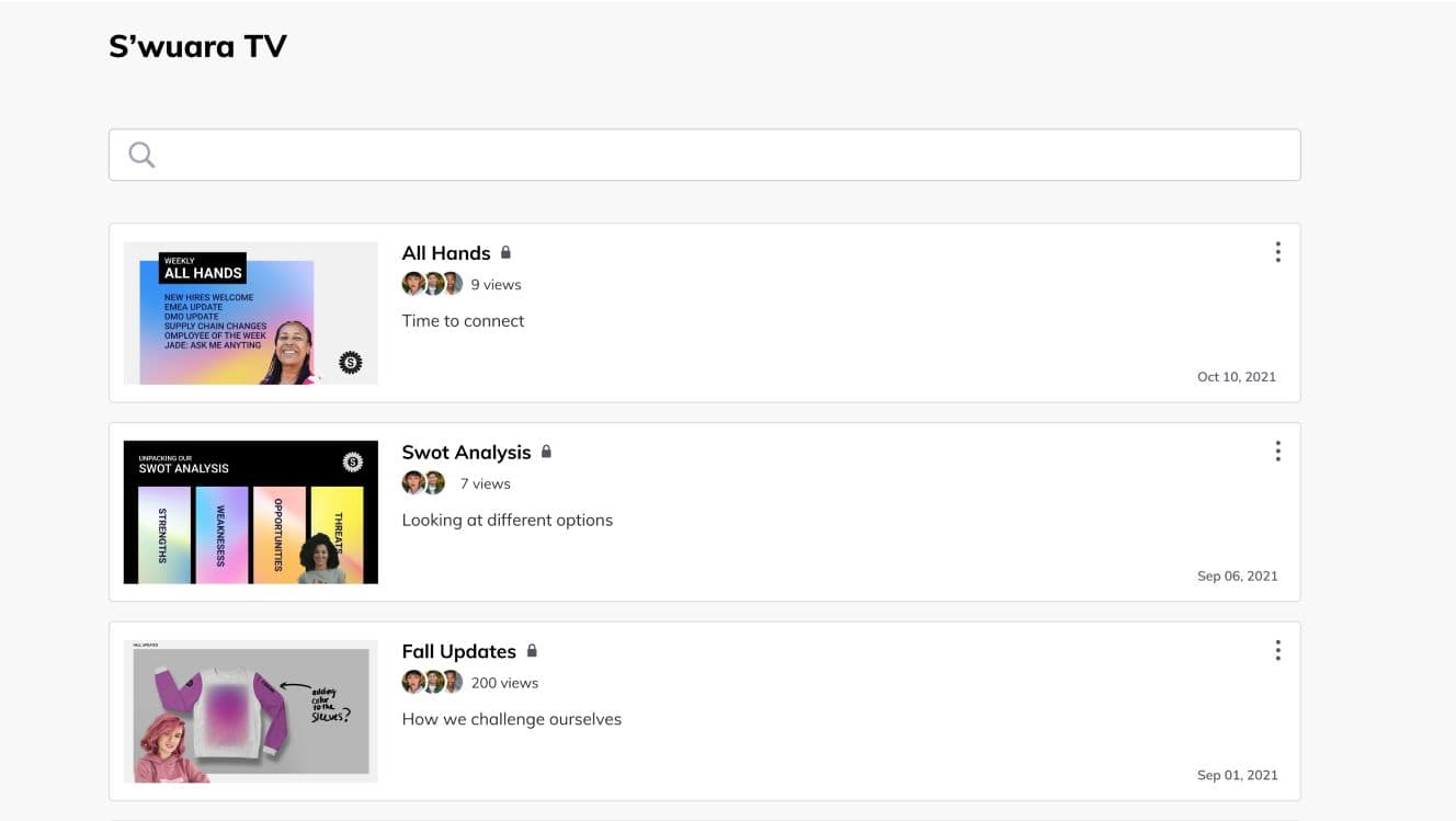 Screenshot of imaginary S'waura TV with list of three videos that say All Hands, Swot analysis, and Fall Updates