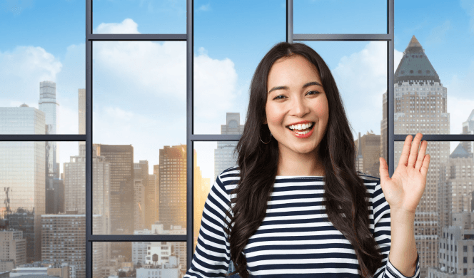 Person with long hair against Manhattan background