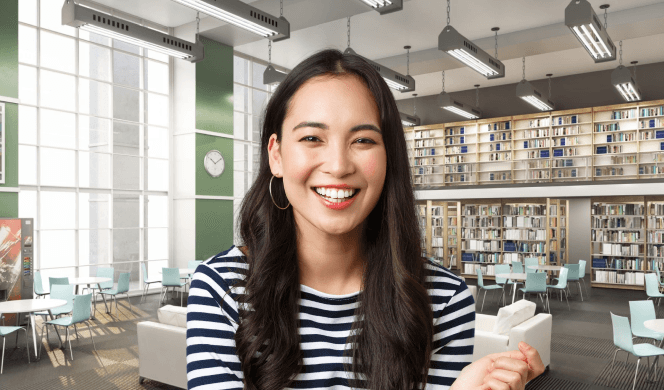 Person with long hair in modern library