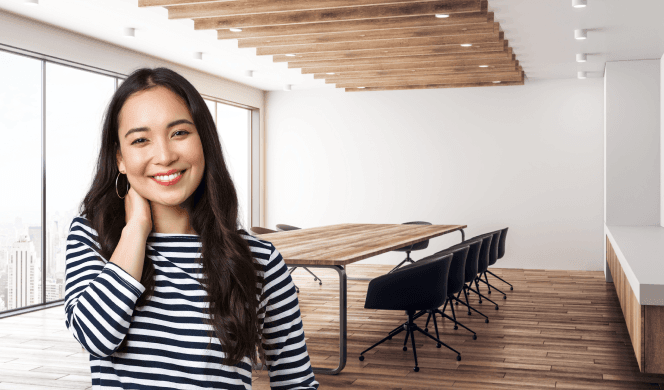 Person with long hair in board room