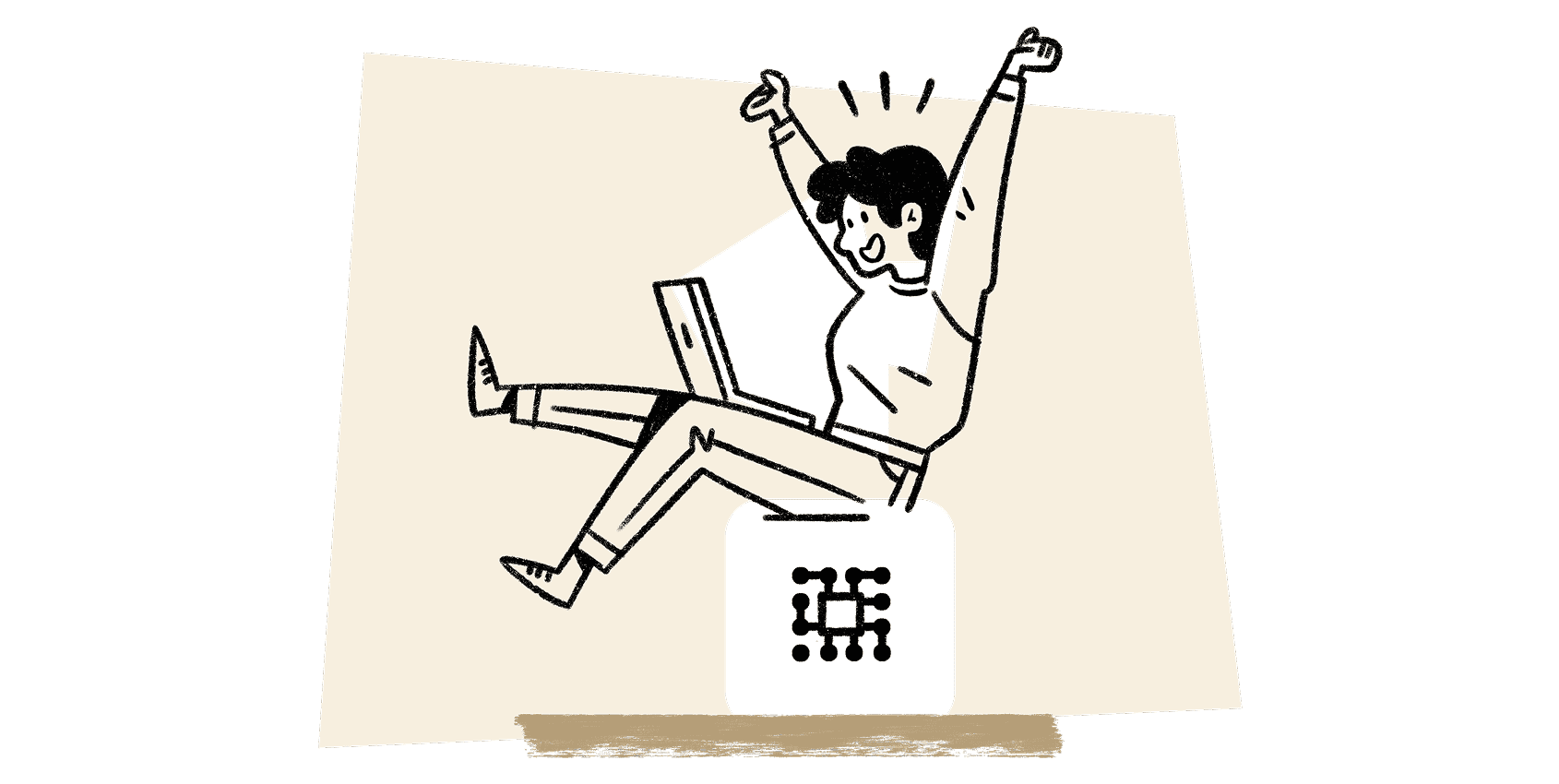 Illustration: a person sitting on a block representing AI support celebrates what they see on their laptop