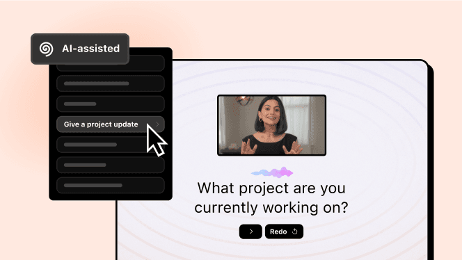 AI-assisted module open with "What project are you currently working on?" on screen and person talking