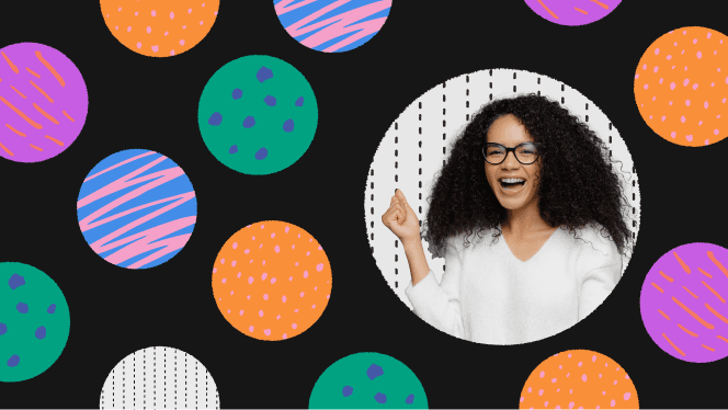 One person in a dot with pinstripe background against black backdrop with colorful patterned dots