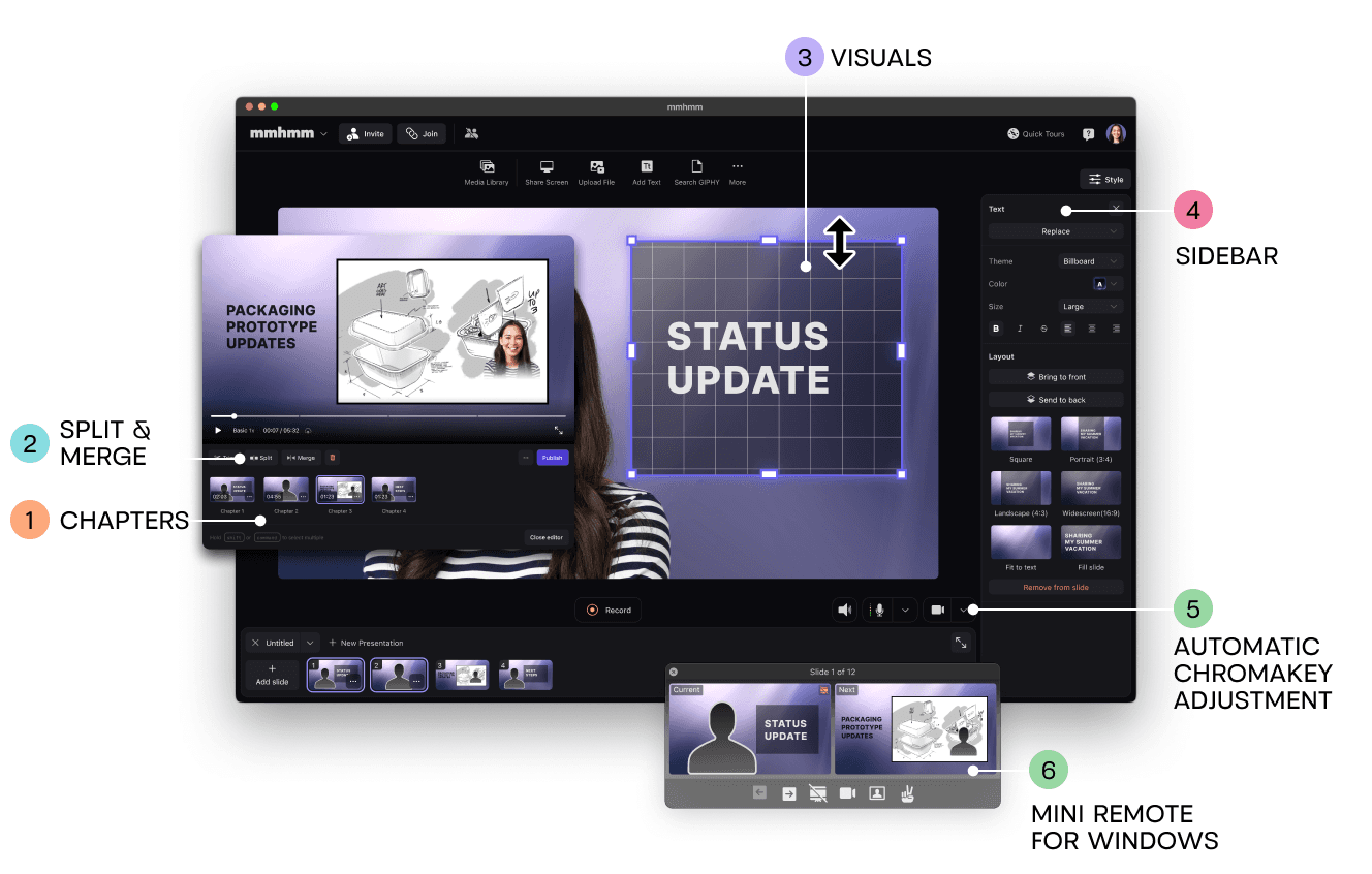 mmhmm user interface with updated features labeled. Labeled features include Chapters, Split & Merge, Visuals, Sidebar, Automatic chromakey adjustment, and Mini remote for Windows