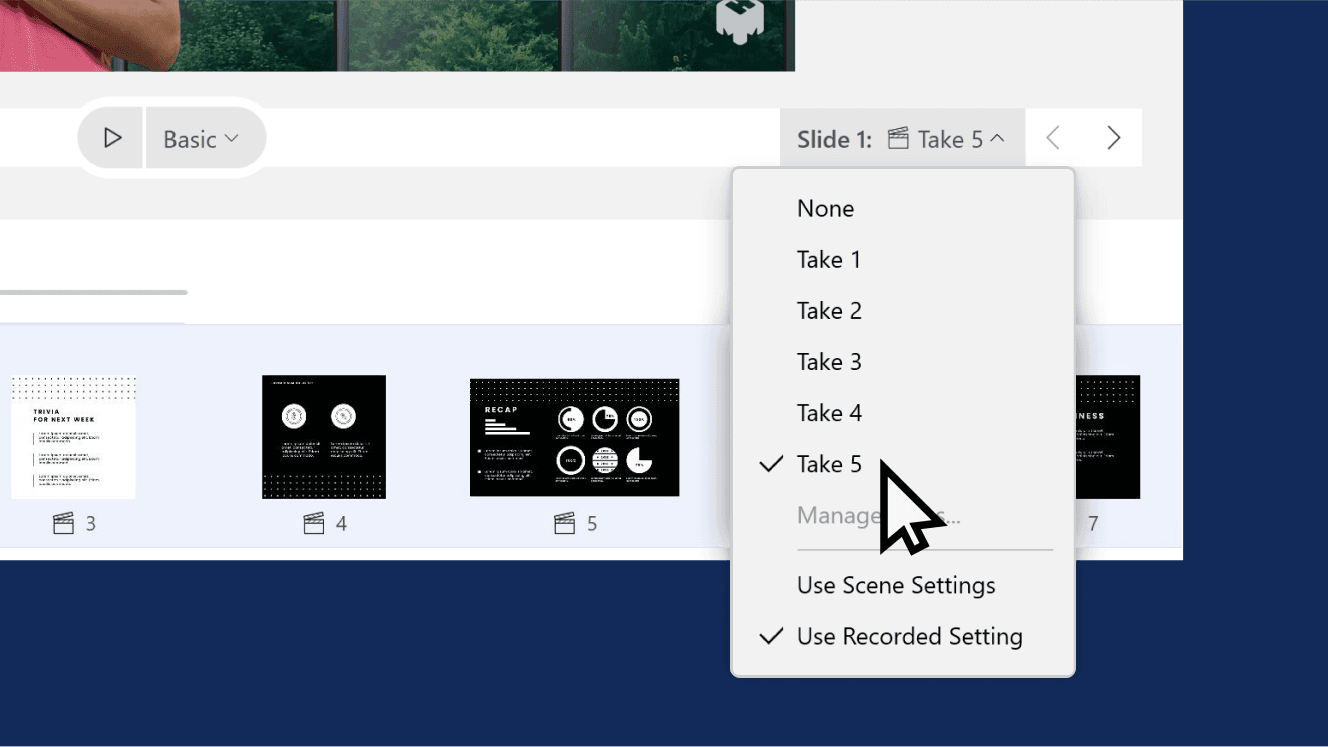 mmhmm window showing multiple takes in dropdown