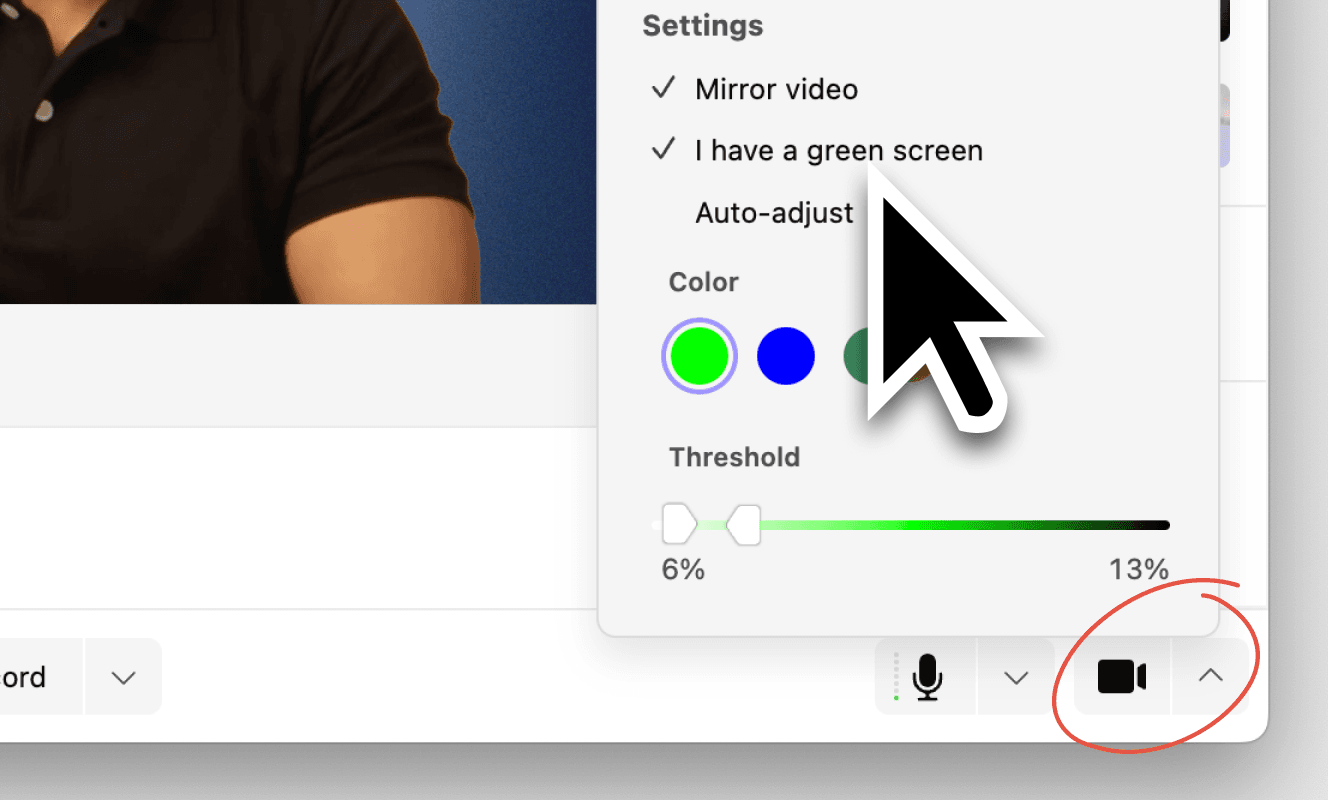 Close-up view of a cursor hovering over the green screen settings in the mmhmm app