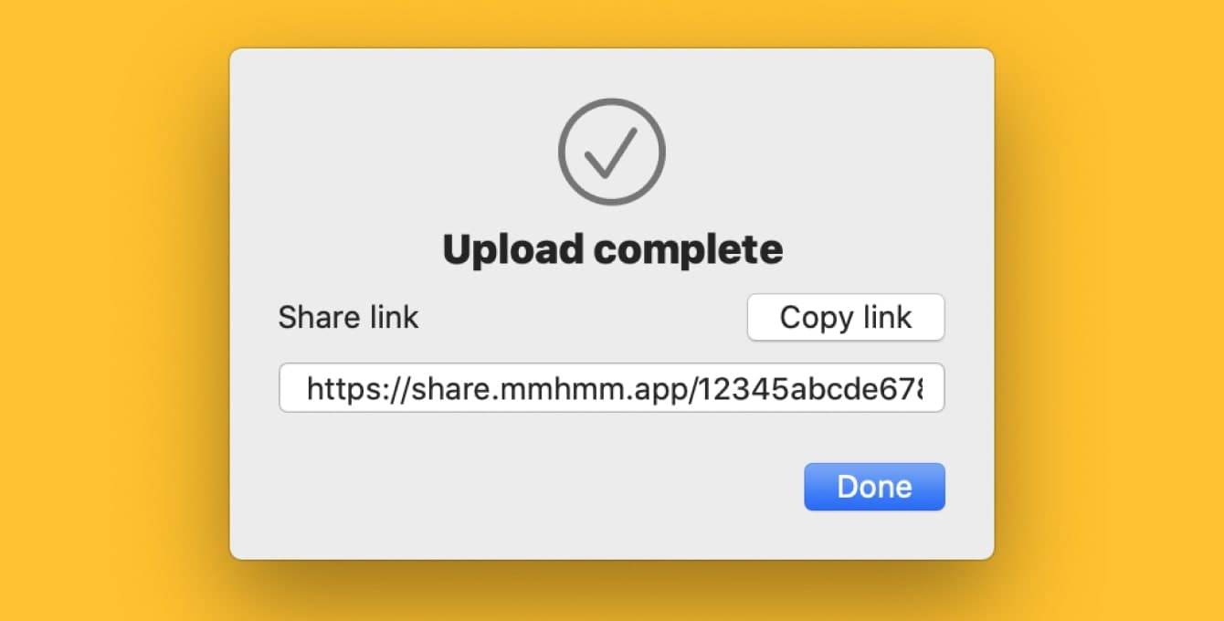 mmhmm の「アップロードが完了しました」ウィンドウのスクリーンショット