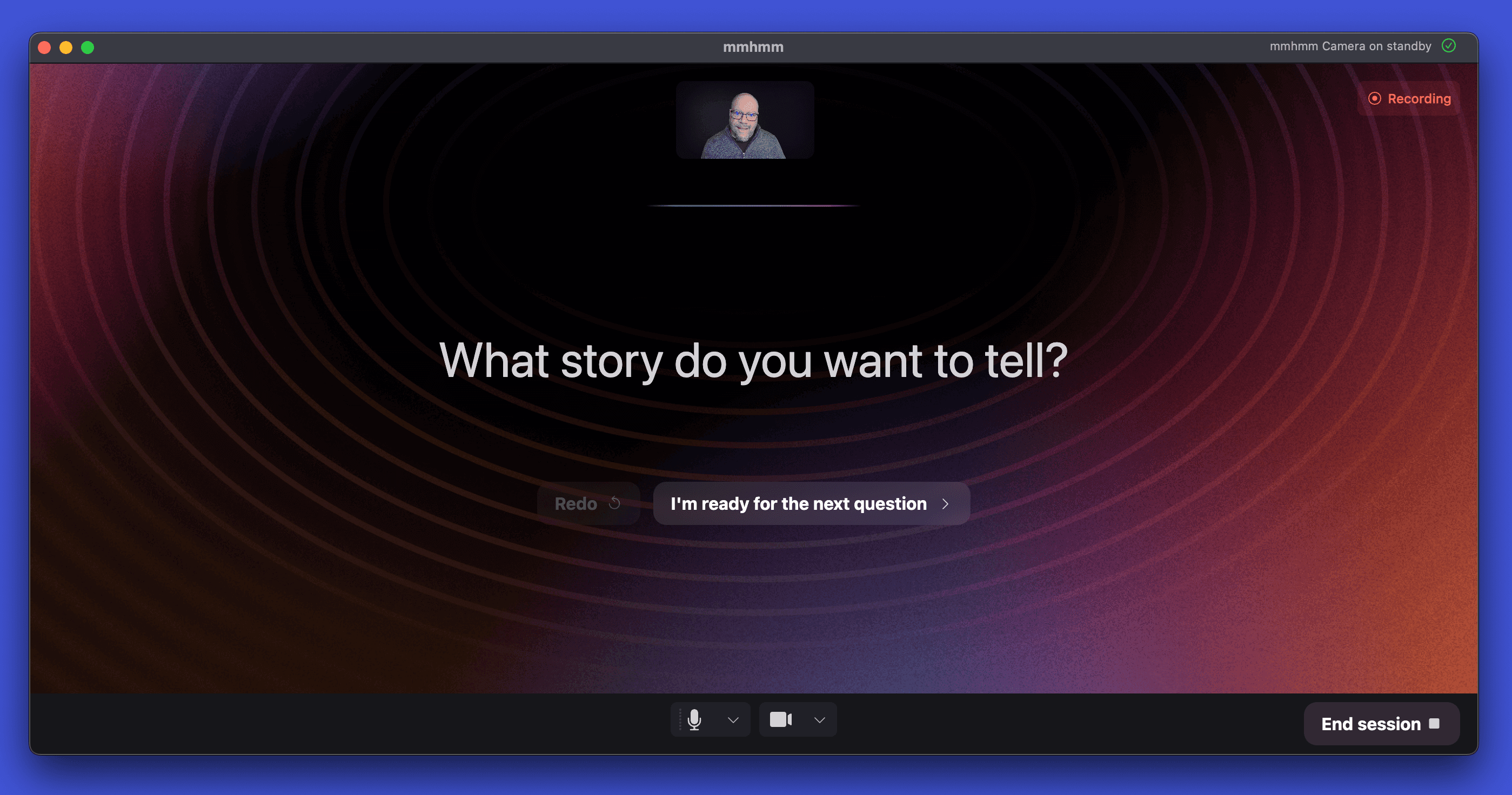 mmhmm's Questions feature asking, "What story do you want to tell?"