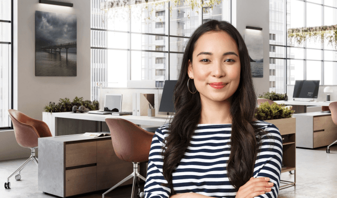 Person with long hair in modern office