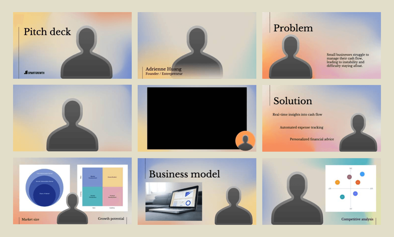 Nine slides from the "Gradient" example presentation, arranged in a grid