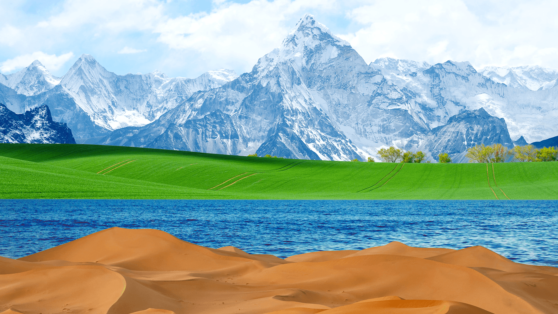 composite of mountains, grass, water, desert