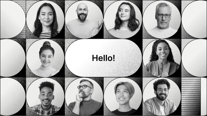 Many people in circles in black and white around a central text bubble that says "Hello!"