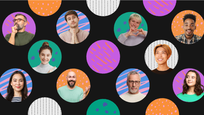 Many people in colorful patterned dots against black background